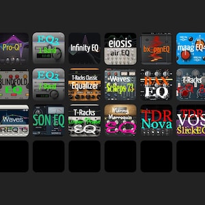 Puede incluir: Una cuadrícula de iconos coloridos que representan diferentes plugins de ecualizador de audio. Los iconos tienen nombres como "Warm EP1A", "Blindfold EQ", "T-Racks Classic Equalizer", "Waves Scheps 73", "TDR Nova" y "Lindell 6x-500".