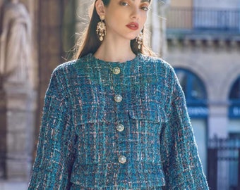 Handmade tweed boucle multi-blue cropped jacket