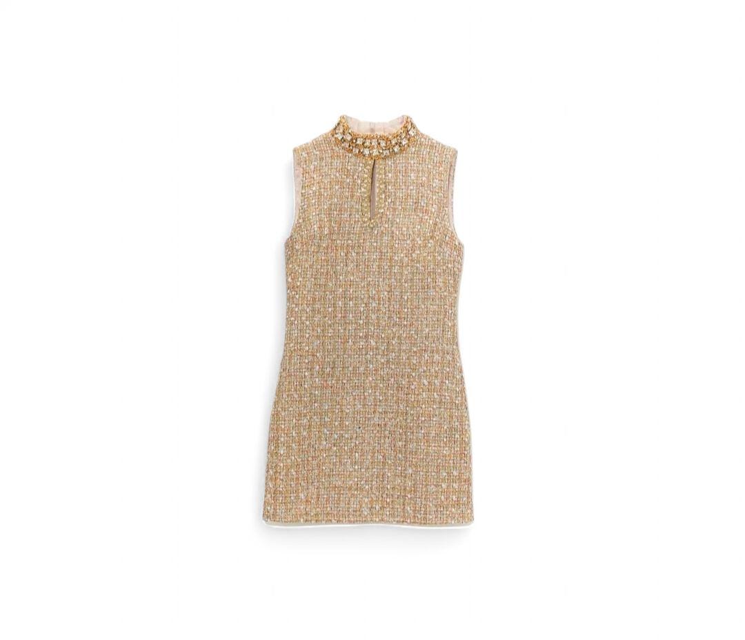 gold tinsel boucle embellished mini dress Gold Tinsel Mini Dress by Self-Portrait