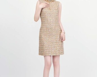 Handmade Tweed Boucle Gold Tinsel Boucle Mini Dress with Diamonds