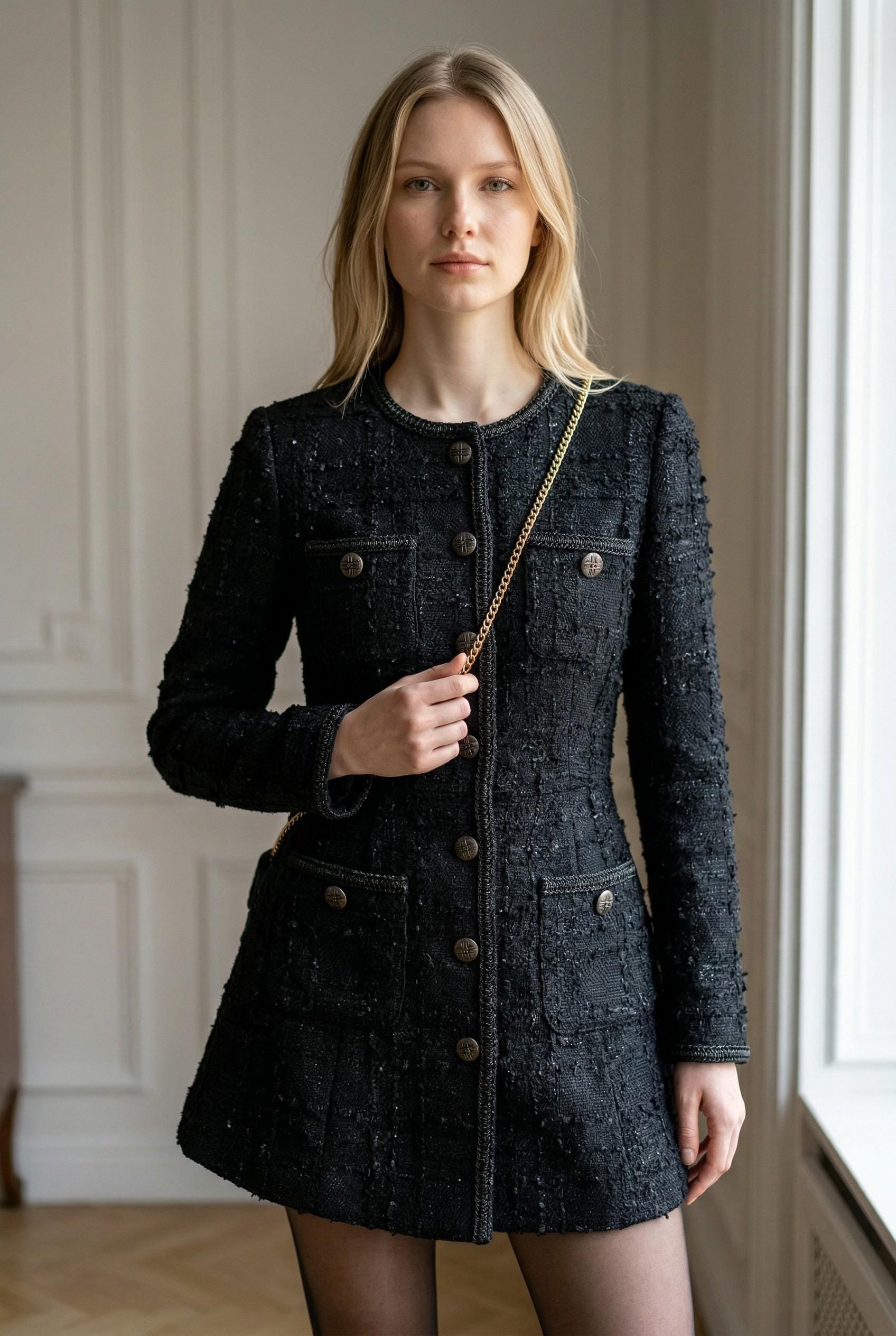 peplum tweed dress Edward Achour Short Black Peplum Tweed Dress  Timeless