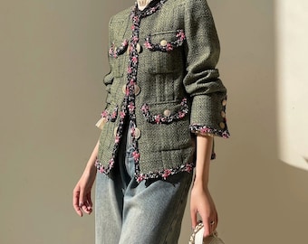Handmade Tweed Boucle Olive Green Jacket With Floral Trim Gold Button