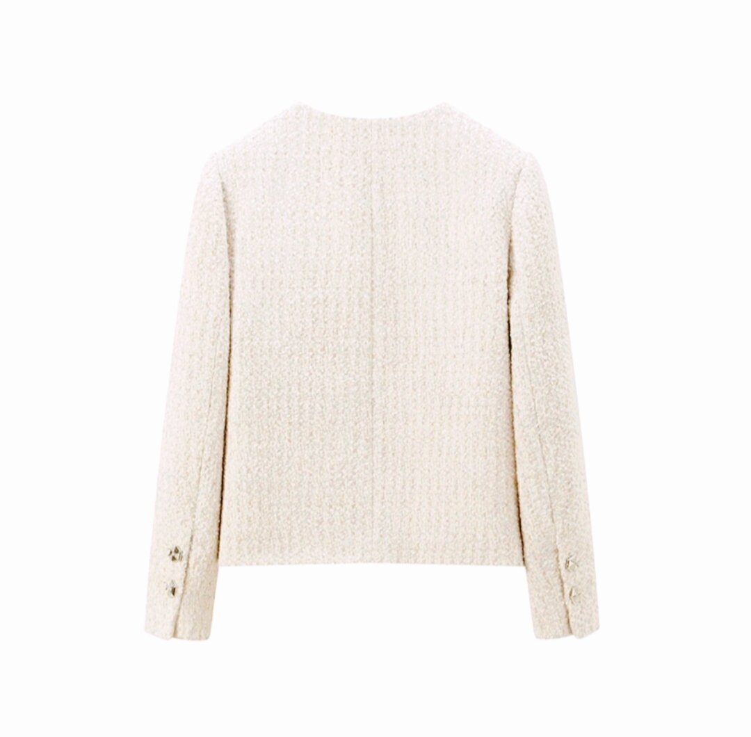 Handmade Tweed Boucle Light Beige Jacket With Metallic Trim