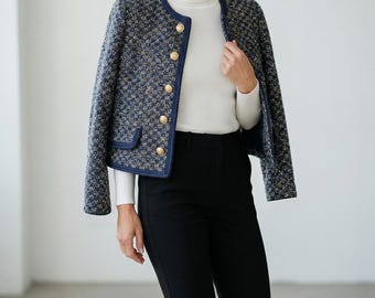 ジャケット・アウター Christian Lacroix cropped tweed jacket Christian Lacroix Jacket Womens L Blue Tweed Cropped Blazer Button