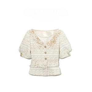 Handmade Extra Slim Fit White Tweed Jacket – Pearl Lace Details, Gold Thread Accents & Belt, Vintage-Inspired Cropped Blazer