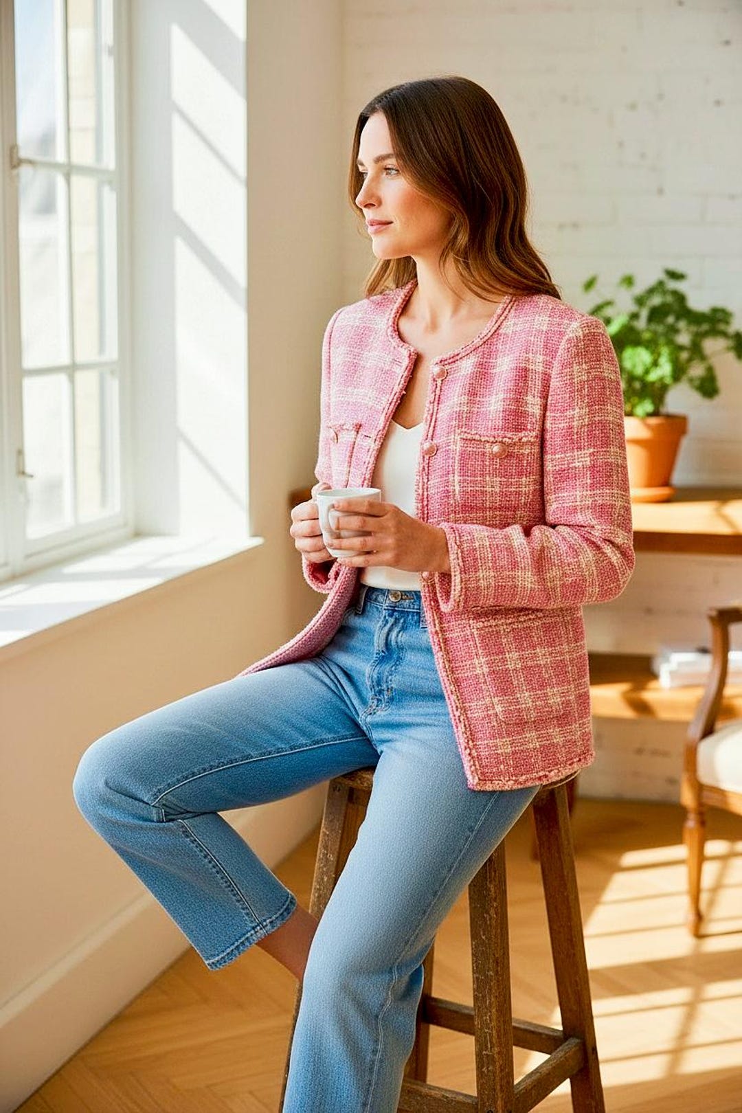 Handmade Pink Tweed Plaid Jacket – Vintage Inspired Bouclé Blazer
