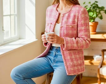 Handmade Pink Tweed Plaid Jacket – Vintage Inspired Bouclé Blazer, Classic Chic Outerwear with Front Pockets for Women