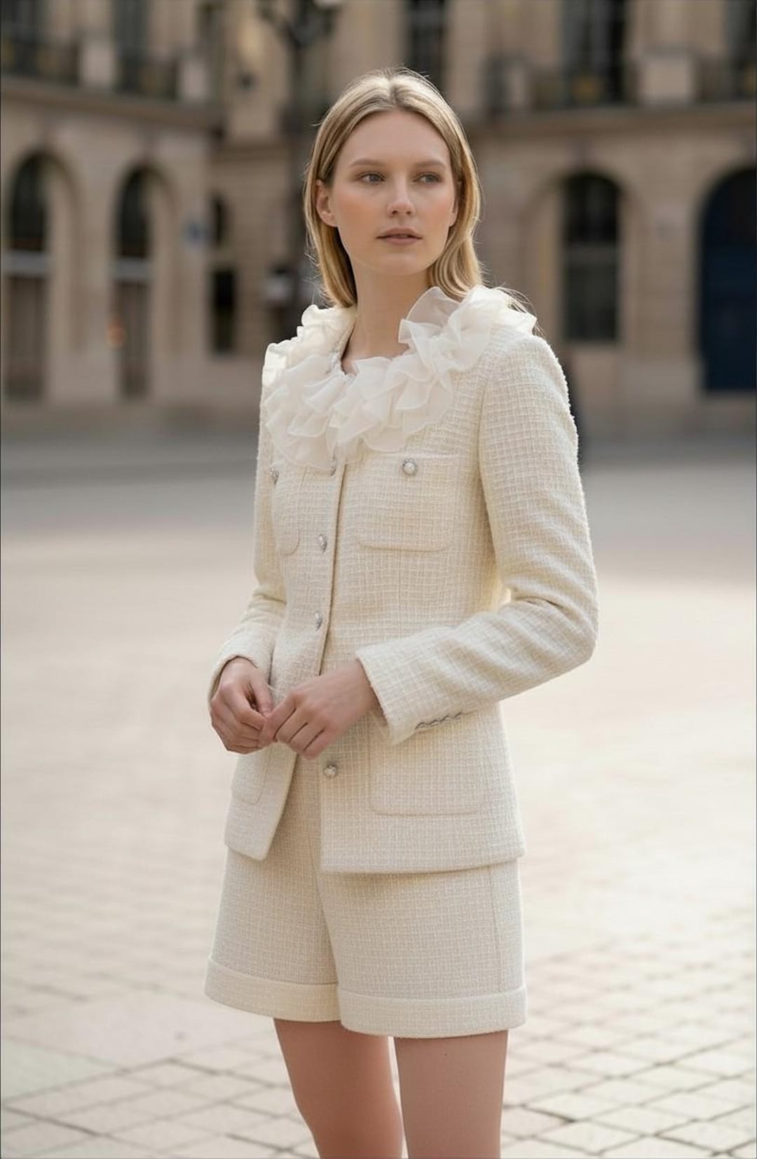 Ivory Tweed Boucle Jacket | Pearl Button Blazer | Handmade Bridal