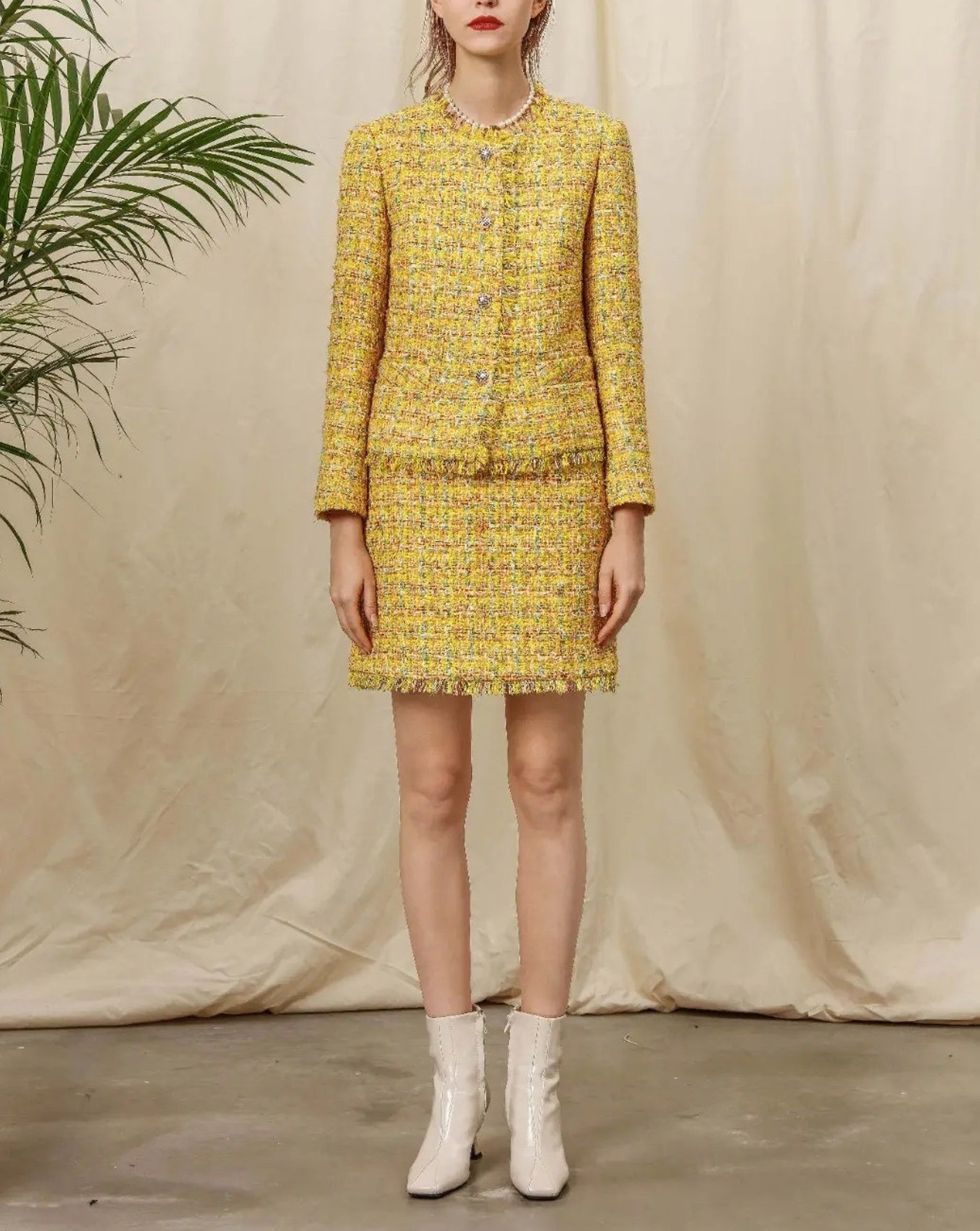 Classic French Style Tweed Yellow Jacket Uk Size 12 Etsy