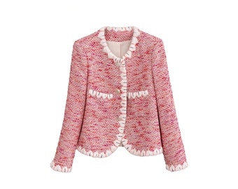 Handmade Tweed Boucle Multi Red Jacket With Wool Knitted Trim
