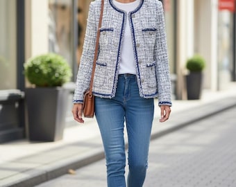 Handmade Tweed Boucle Wool Jacket: Fringe Trim, Multi Blue Accent