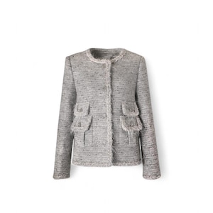 Handmade Grey Tweed Wool Jacket – Vintage Inspired, Frayed Edges, Textured Knit, Button Front, Elegant Women’s Blazer, Classic Fall Fashion