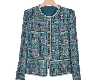 Handmade Teal Tweed Jacket – Chunky Textured Boucle, Gold Button Detail, Elegant Women’s Blazer, Unique Statement Outerwear