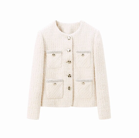 Handmade Tweed Boucle Light Beige Jacket With Metallic Trim