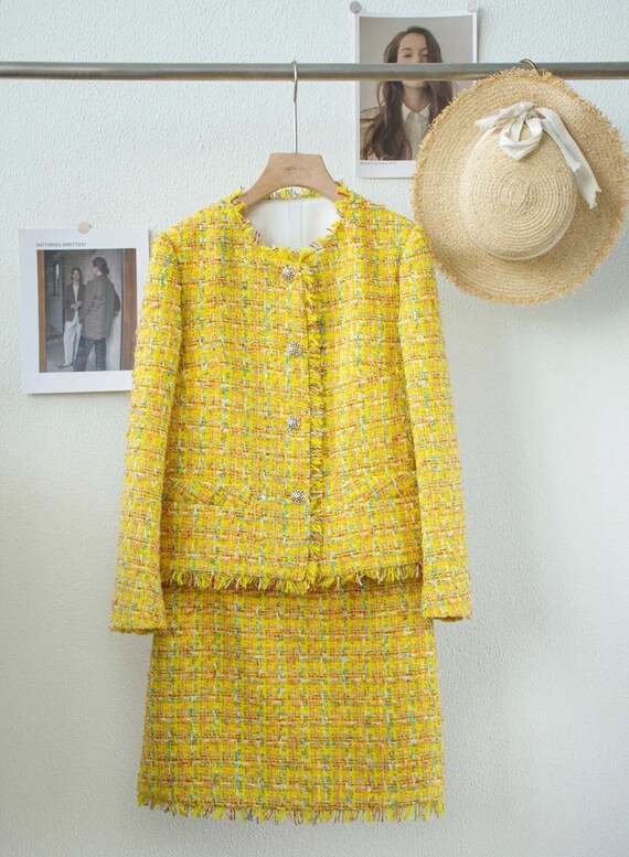 Classic French Style Tweed Yellow Jacket Uk Size 12 Etsy