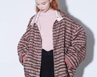 Handmade Oversized Pink Tweed Jacket: Metallic Bouclé Blazer
