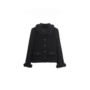 Handmade Black Wool Blend Jacket with Floral Collar & Cuffs | Elegant Button Up Coat | Vintage-Inspired Women&#39;s Outerwear