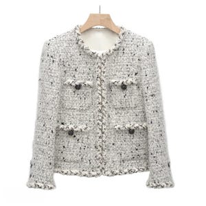 Handmade White and Black Tweed Wool Jacket – Chunky Textured Blazer, Elegant Women’s Outerwear, Classic Vintage Style, Luxury Statement Coat