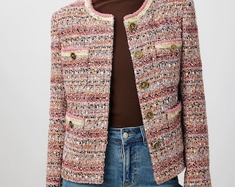 Handmade tweed boucle premium multi pink jacket with pockets