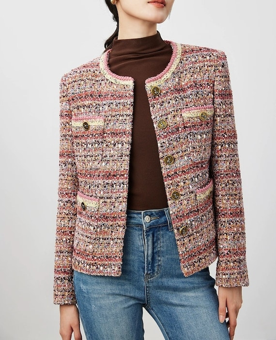 Handmade Tweed Boucle Premium Multi Pink Jacket With Pockets