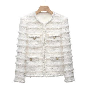 Handmade Tweed Boucle White Tweed Blazer with Ribbed Texture and Light Sequin