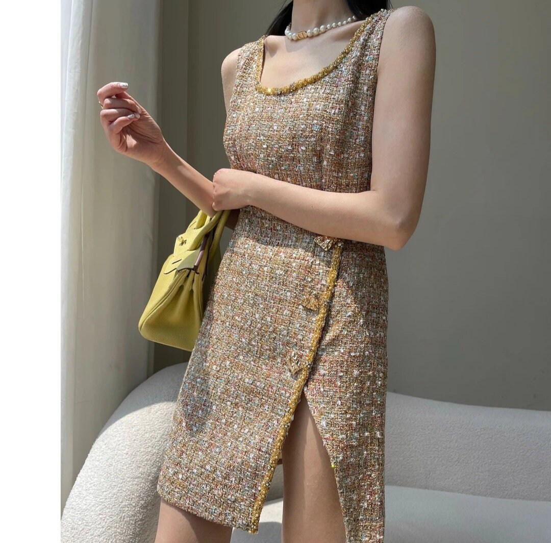 Handmade gold tinsel boucle jacket/sleeveless mini boucle dress