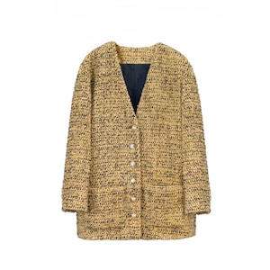 Handmade Tweed Boucle V-neck Relaxed Fit Wool Jacket Gold Button