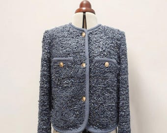Handmade Tweed Boucle Fluffy Multi blue jacket with gold Button