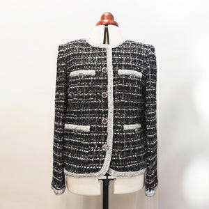 Handmade Black & White Tweed Bouclé Jacket | Silver Trim Buttons | Elegant Vintage Inspired Women’s Blazer | Classic Outerwear