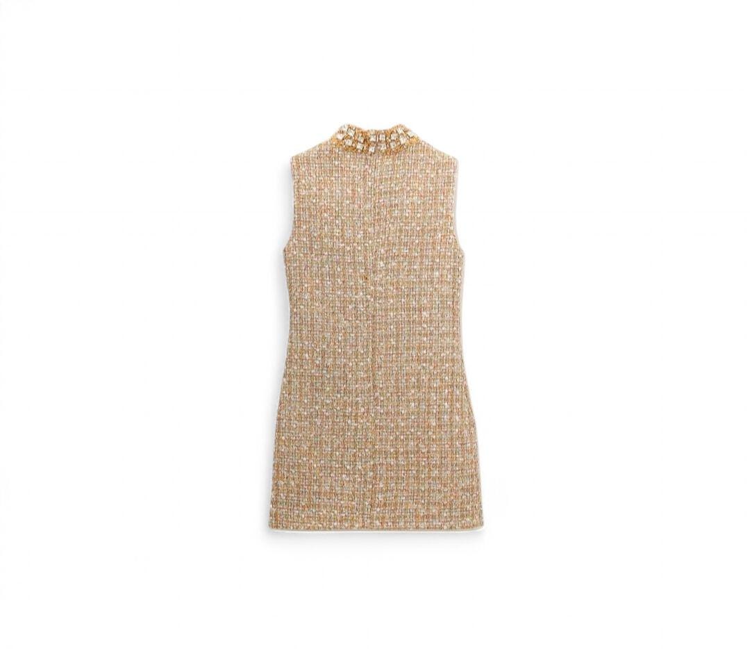 Handmade Tweed Boucle Gold Tinsel Boucle Mini Dress with Diamonds