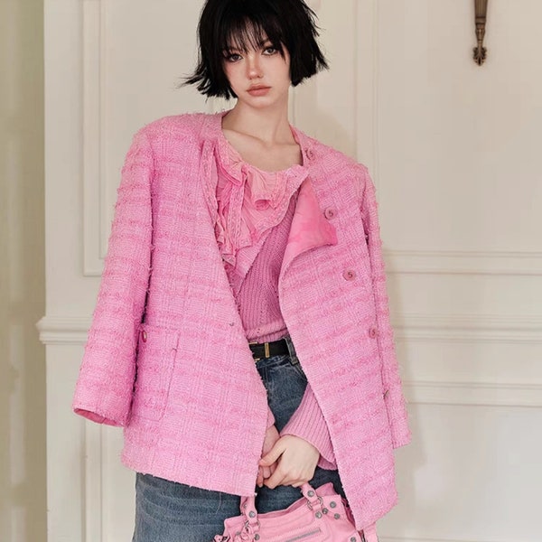Handmade tweed boucle relaxed fit pink jacket dress with bow tie