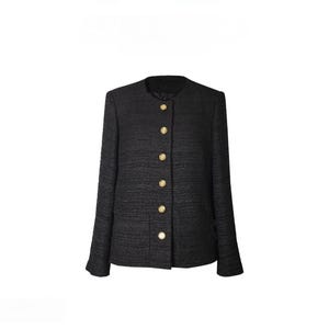 Handmade Black Tweed Jacket with Gold “5” Buttons, Elegant Vintage-Inspired Blazer, Classic Women’s Outerwear