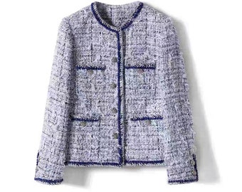 Handmade Light Blue & White Tweed Jacket for Women | Cropped Bouclé Blazer with Silver Button Details | Elegant French-Style Outerwear