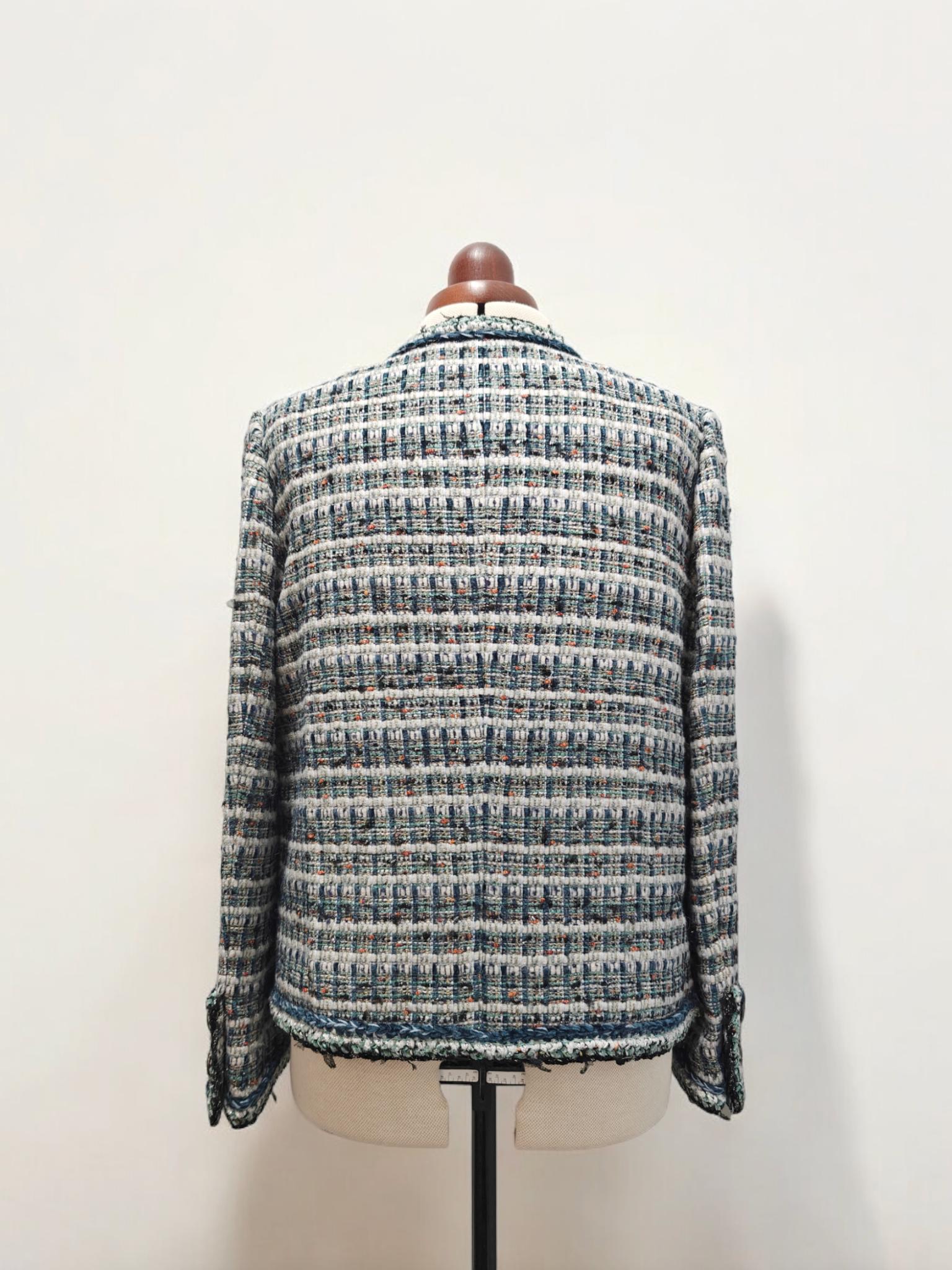 Handmade Tweed Boucle Multi Cyan Blue Jacket With Diamond