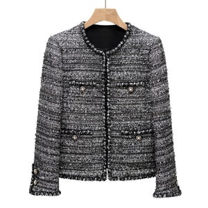 Handmade Tweed Boucle Black Greyish Jacket With Sparkle Button