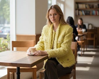 Handgefertigte Gelbe Bouclé Tweed Jacke – Vintage-Style Strickjacke mit Strukturierten Knöpfen