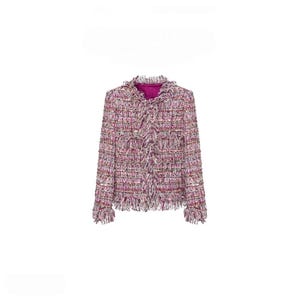 May include: A multi-coloured tweed jacket in shades of pink, purple, and white, featuring fringe trim. The jacket has a round collar and two front pockets. The interior lining is a bright magenta. A classic style.