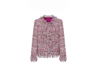 Handmade Pink Tweed Fringe Jacket, Sequin Bouclé Blazer, Vintage Inspired Women’s Coat