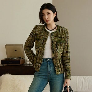 Handmade Tweed Boucle Fitted Multi Green Jacket With Black