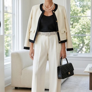 May include: Cream-colored tweed jacket with black trim, paired with white wide-leg pants and a black top. A sparkling belt and a black quilted handbag complete the ensemble. The outfit is accessorized with layered pearl necklaces and earrings.