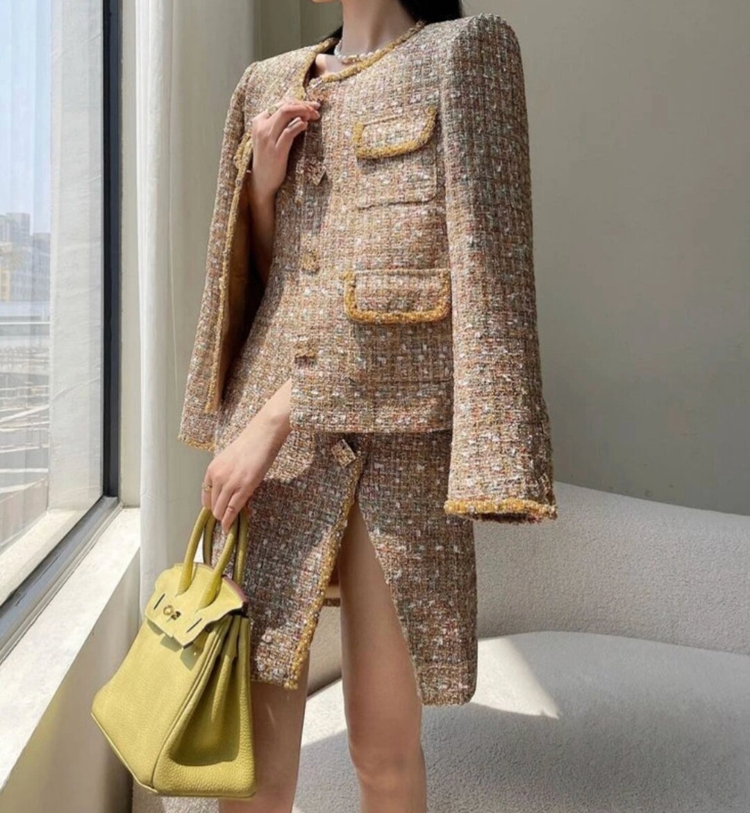 Handmade Gold Tinsel Boucle Jacket/Sleeveless Mini Boucle Dress