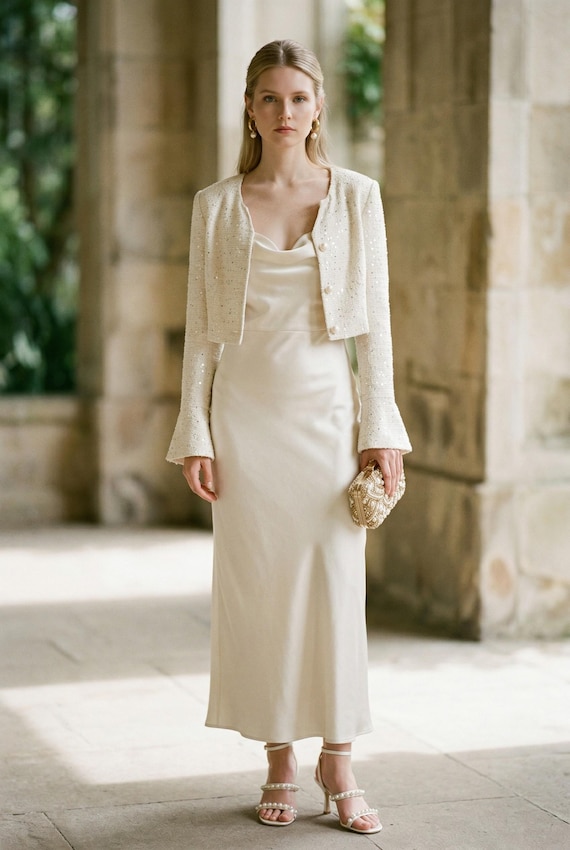 ivory cropped jacket to wear over dress Ivory Cropped Tweed Jacket - All Outerwear