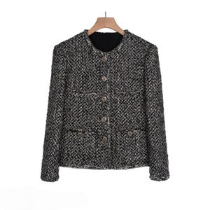 Vintage Inspired Black Tweed Bouclé Jacket with Gold Buttons, Classic Elegant Blazer, Wool Blend Textured Coat, Women&#39;s Fall Winter Outerwea