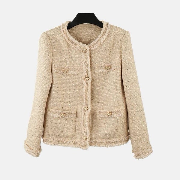 Handmade tweed boucle light sequin ivory pink jacket with pearl floral button