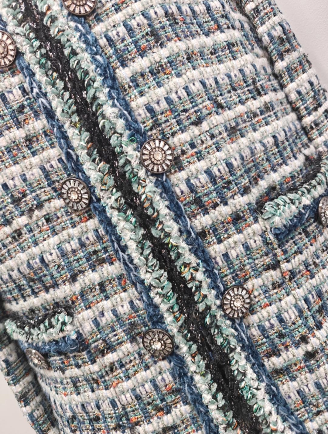 Handmade Tweed Boucle Multi Cyan Blue Jacket With Diamond