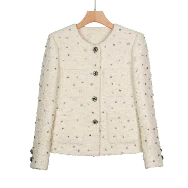 Handmade Tweed Boucle Ivory Jacket With Sparkle Diamond Size L