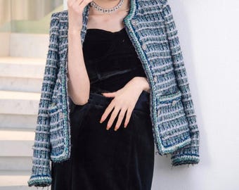 ジャケット ETMON Boucle Trimmed Tweed Jacket, Sky Blue MUSINSA | ETMON Trimmed Tweed Fur Jacket, Sky Blue