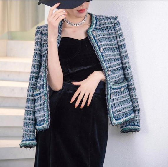 Handmade Tweed Boucle Multi Cyan Blue Jacket With Diamond