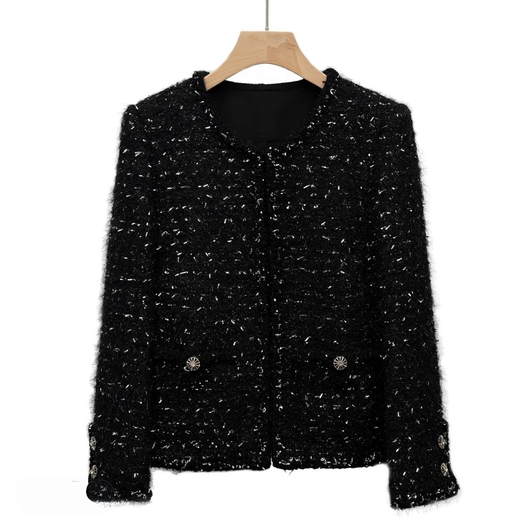 Handmade Black Tweed Boucle Jacket: Metallic Thread Silver Button