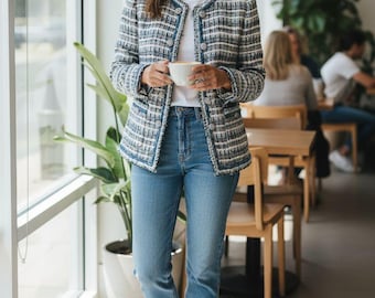 Handmade Tweed Boucle Multi Cyan Blue Jacket With Diamond Button